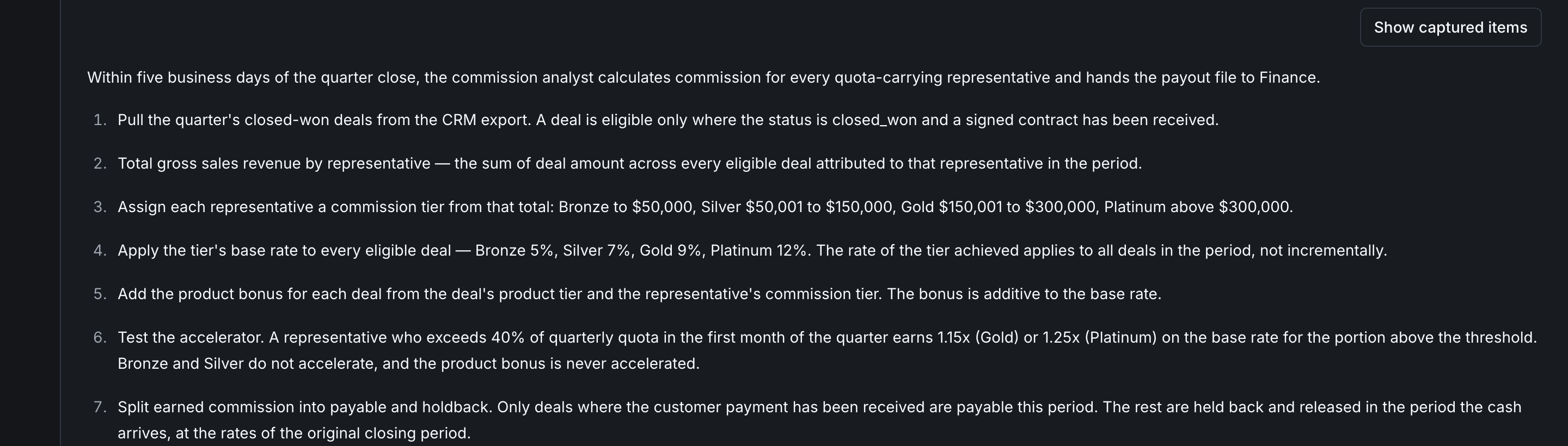The derived commission procedure's numbered steps, with the tier rates written as prose – Bronze 5%, Silver 7%, Gold 9%, Platinum 12%